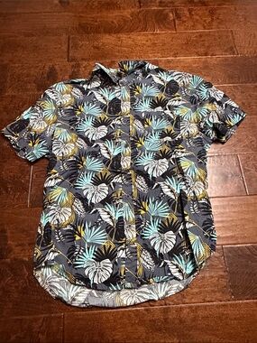 Kids Tropical Leaf Short-Sleeve Button-Down Shirt - Blue/Black